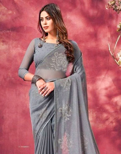 Grey Coloured Sequence Work Semi Georgette Saree