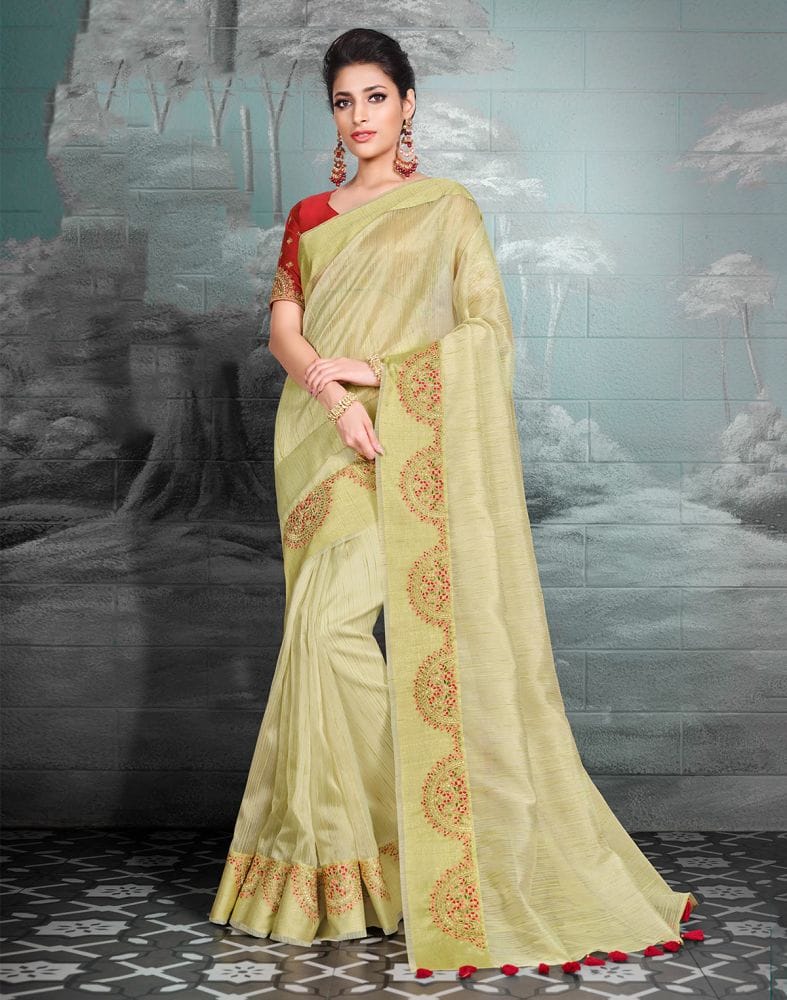 Lemon Coloured Striped Organza Saree