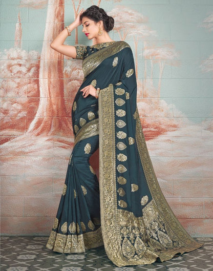 Dark Grey Floral Print Banaras Fancy Saree with 2 Unstitched Blouses