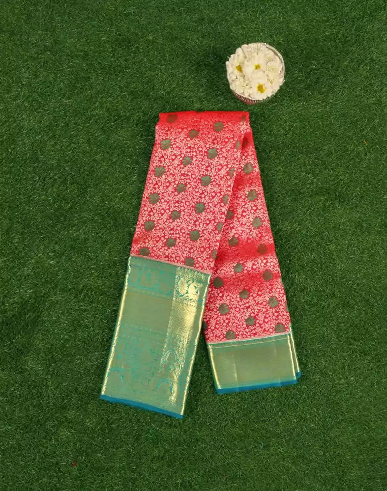 Coral Floral Silver Zari Kanchi Pattu Saree