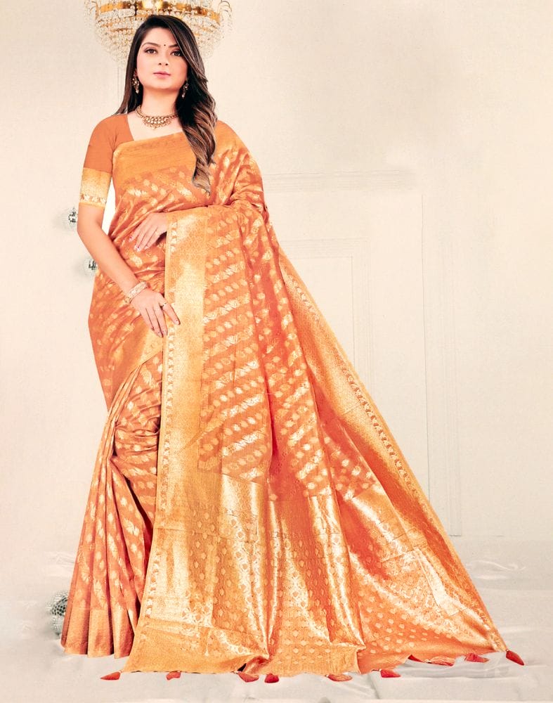 Light Orange Floral Pattern Banaras Organza Saree