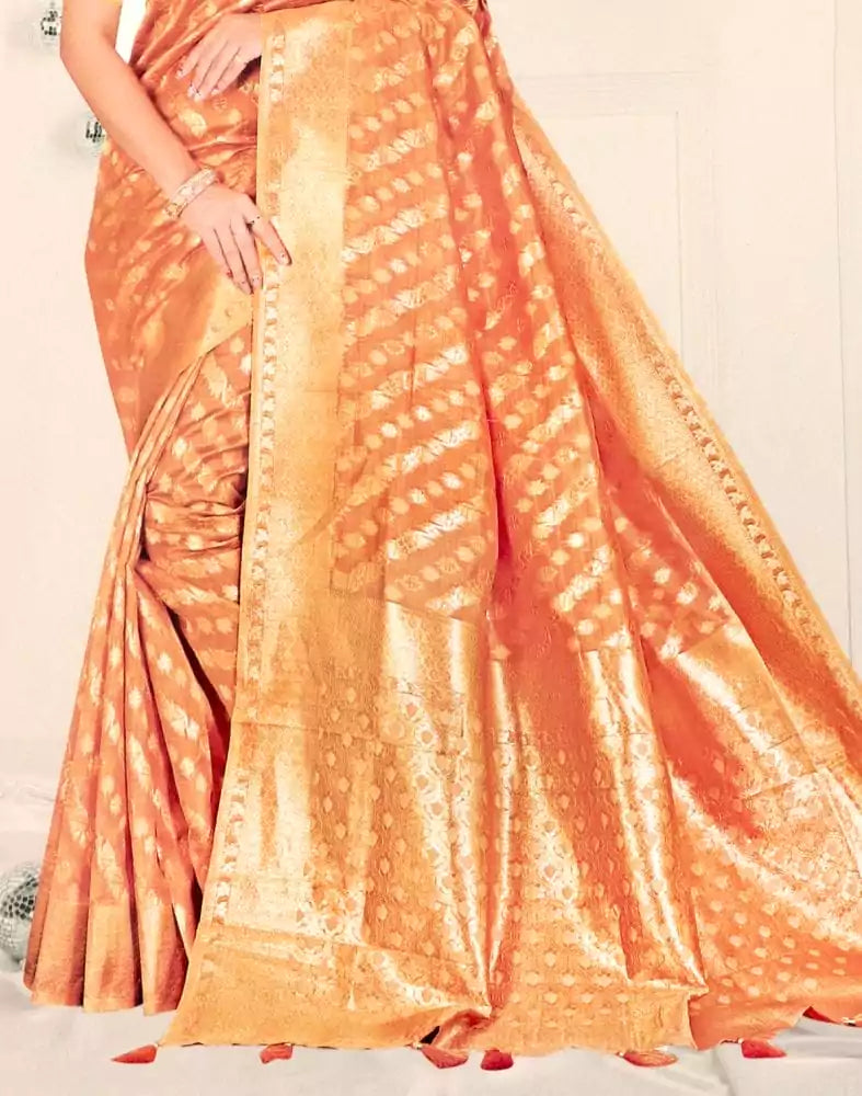 Light Orange Floral Pattern Banaras Organza Saree