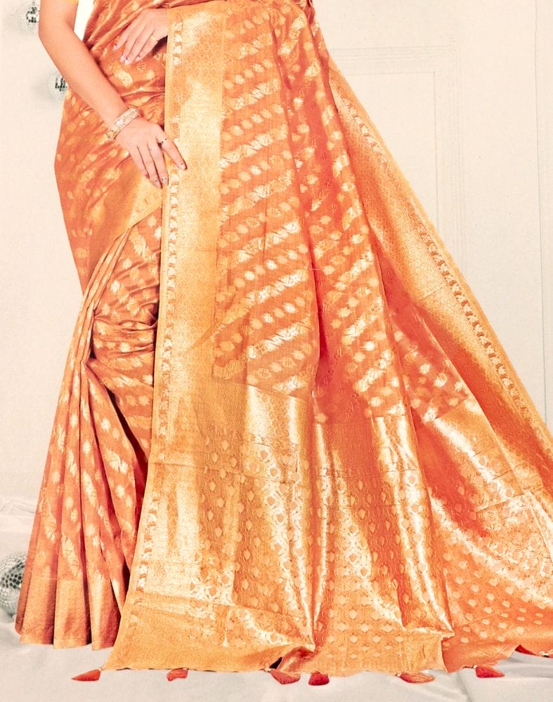 Light Orange Floral Pattern Banaras Organza Saree