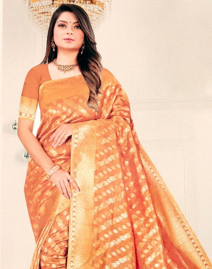 Light Orange Floral Pattern Banaras Organza Saree