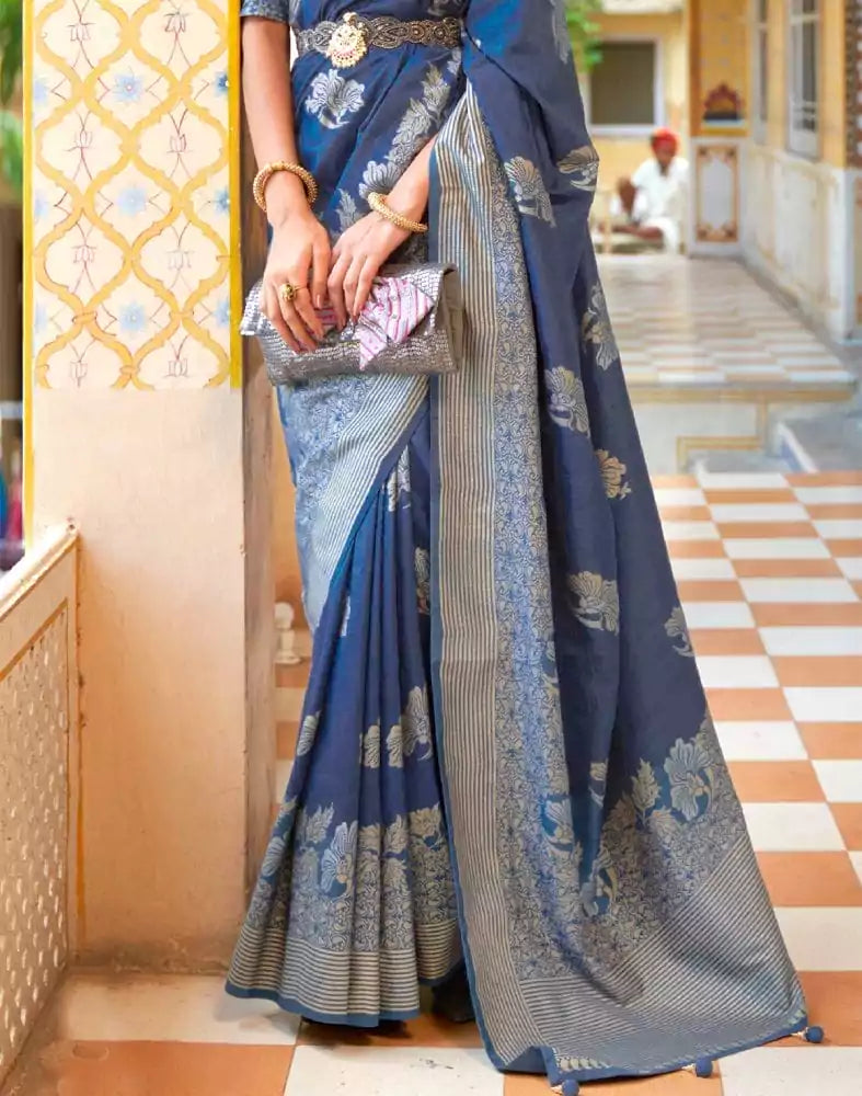 Peacock Blue Floral Mica Print work Banaras Fancy Saree