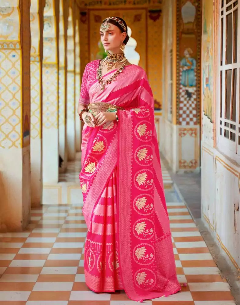 Pink Striped Mica Print work Banaras Fancy Saree