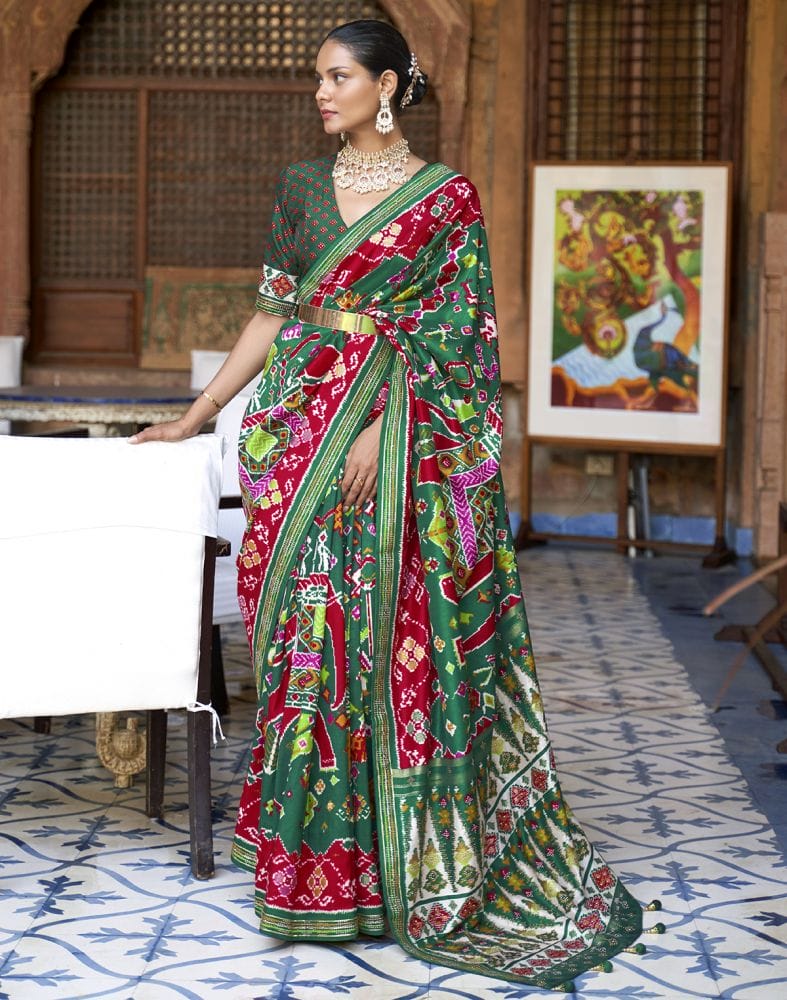 Stunning Green Coloured Ikat Patola Silk Saree