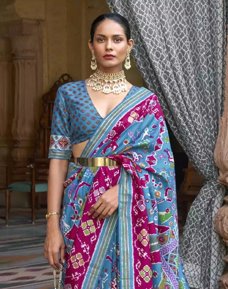 Sky Blue Ikat Soft Patola Silk Saree