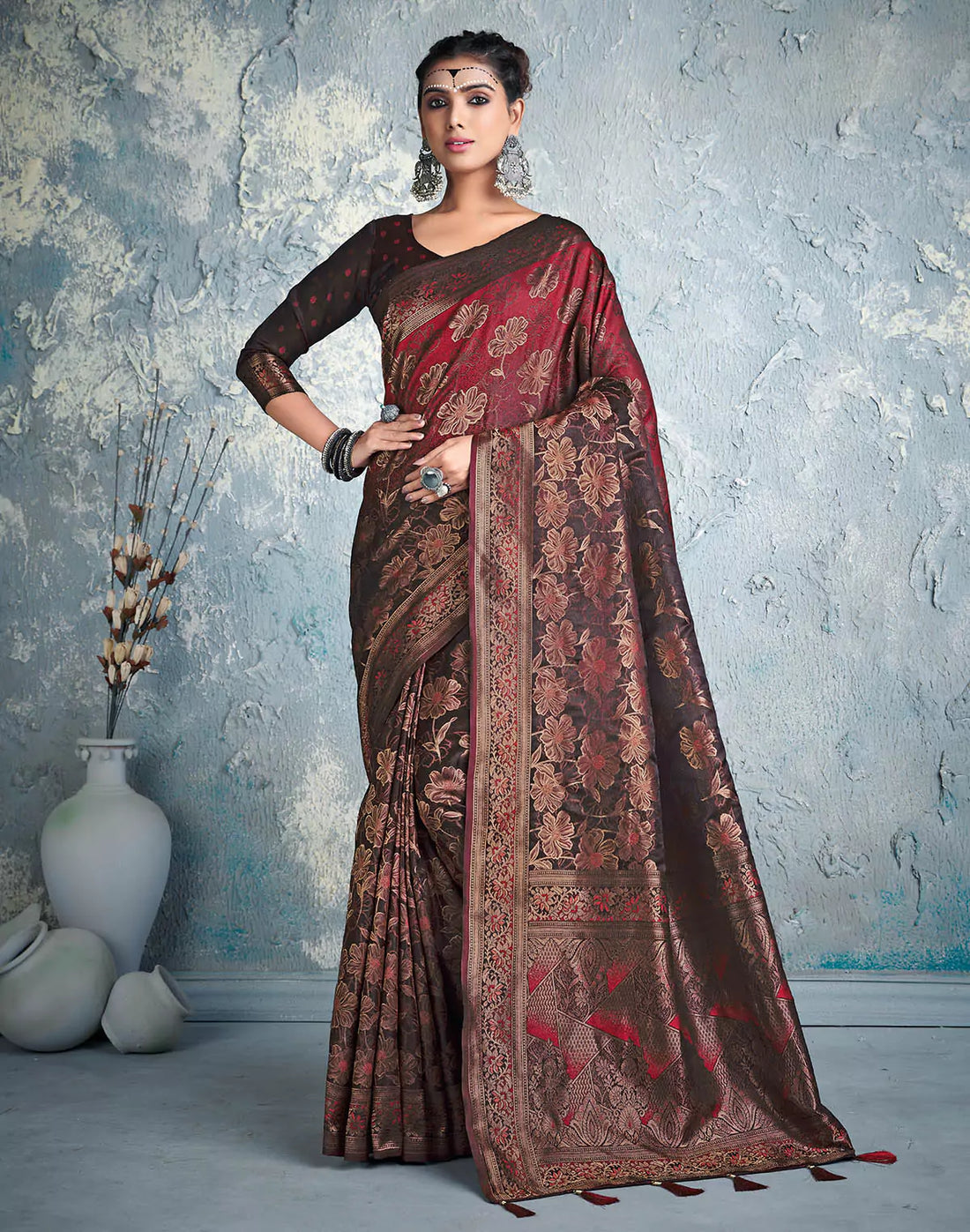 Designer Maroon Floral Print Soft Silk Saree
