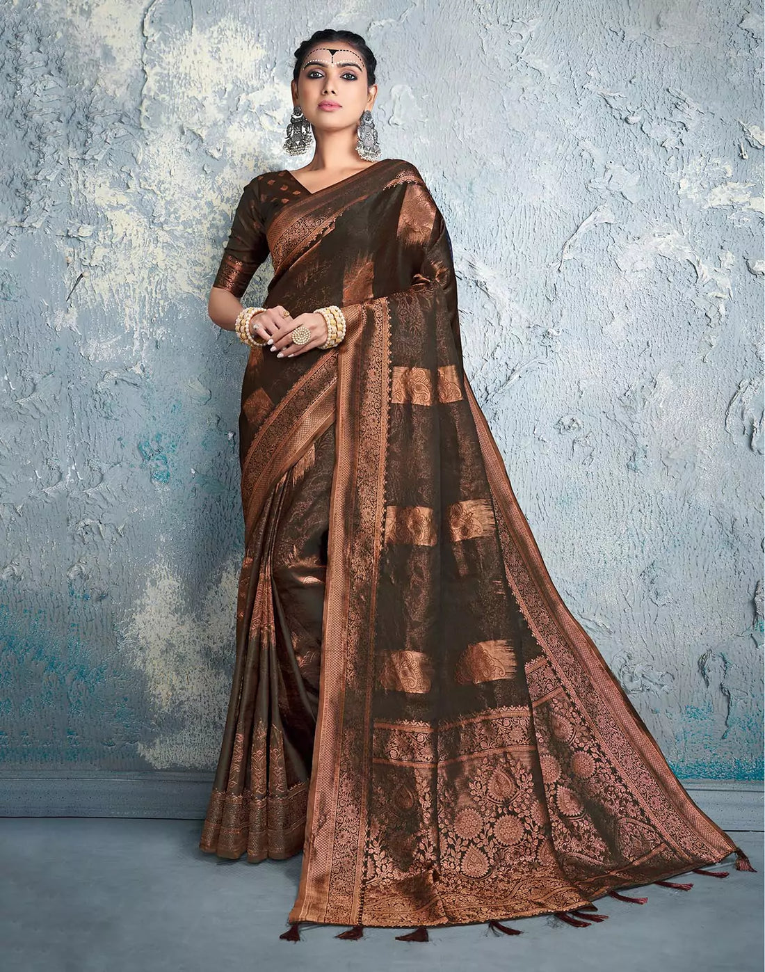 Dark Brown Floral Bunches Soft Silk Saree