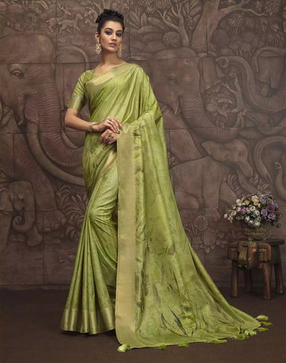 Stylish Parrot Green Graphic Design Malai Silk Saree