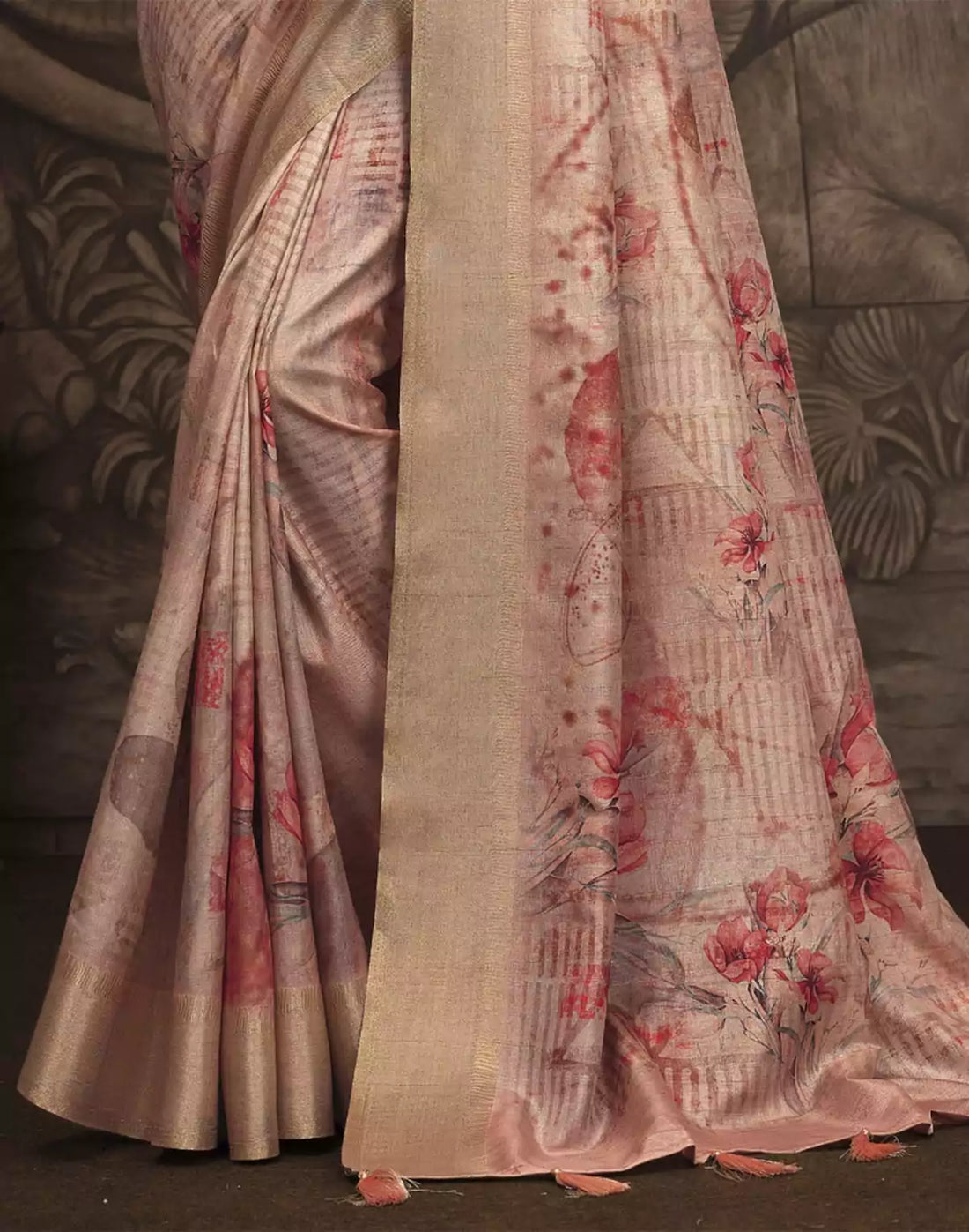 Light Orange Floral Pattern Malai Silk Saree