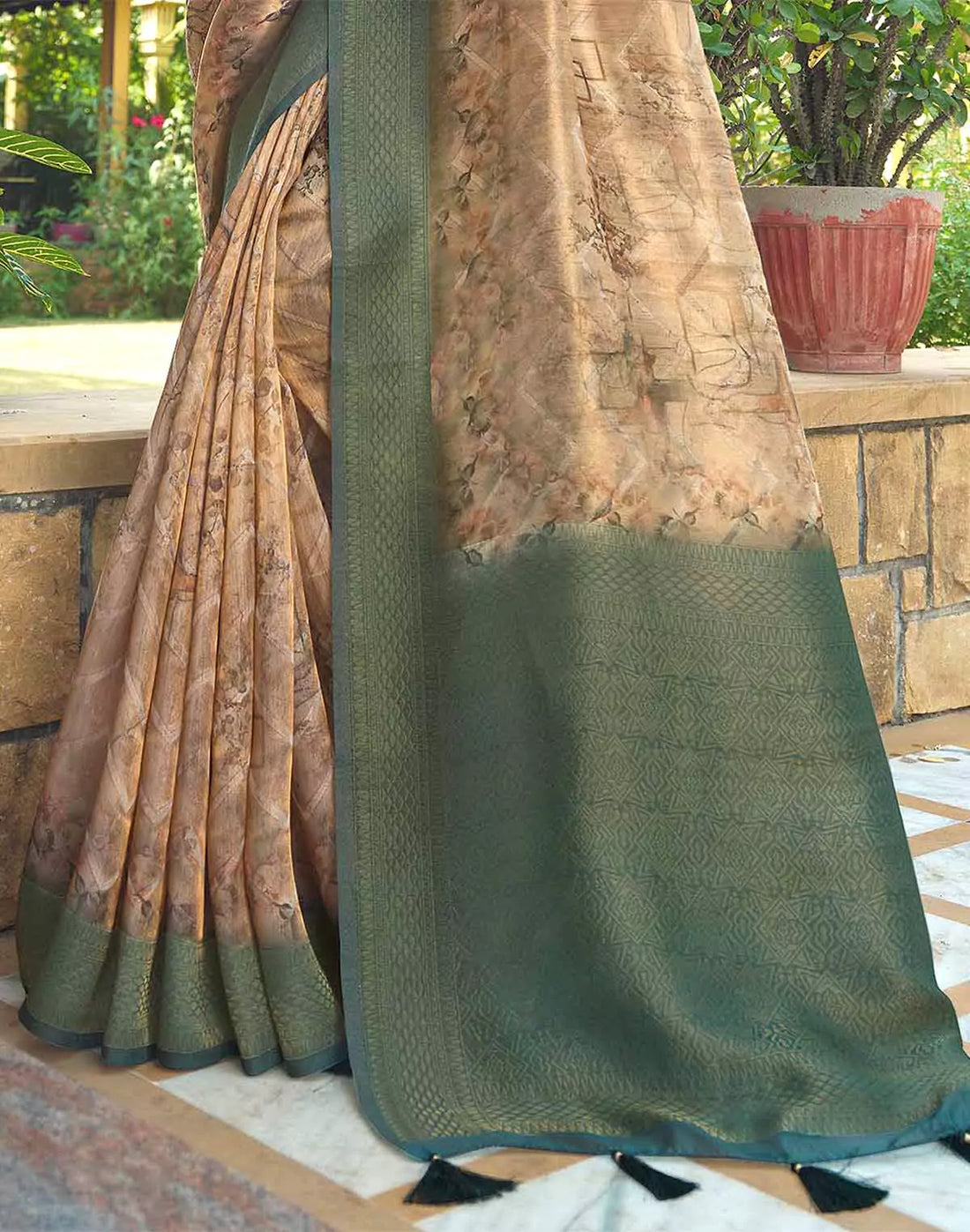 Light Orange Chevron Tissue Contrast Border Saree