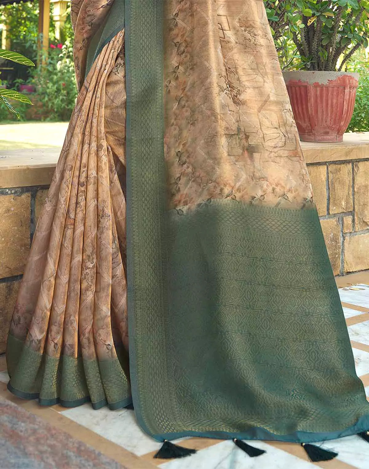 Light Orange Chevron Tissue Contrast Border Saree