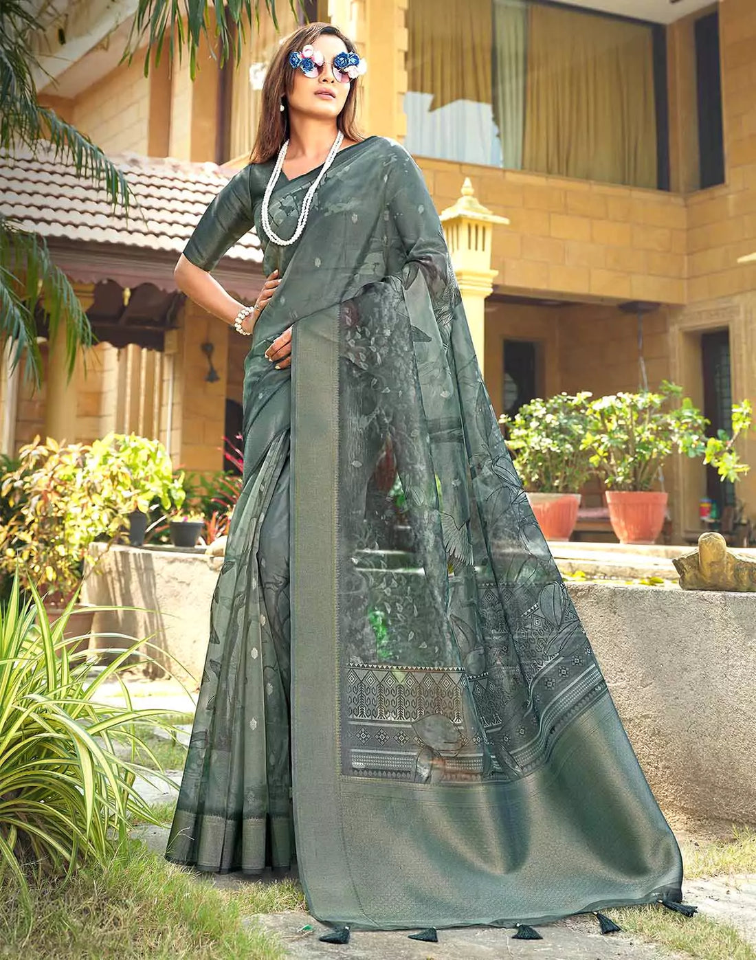 Trendy Ash Color Organza Saree
