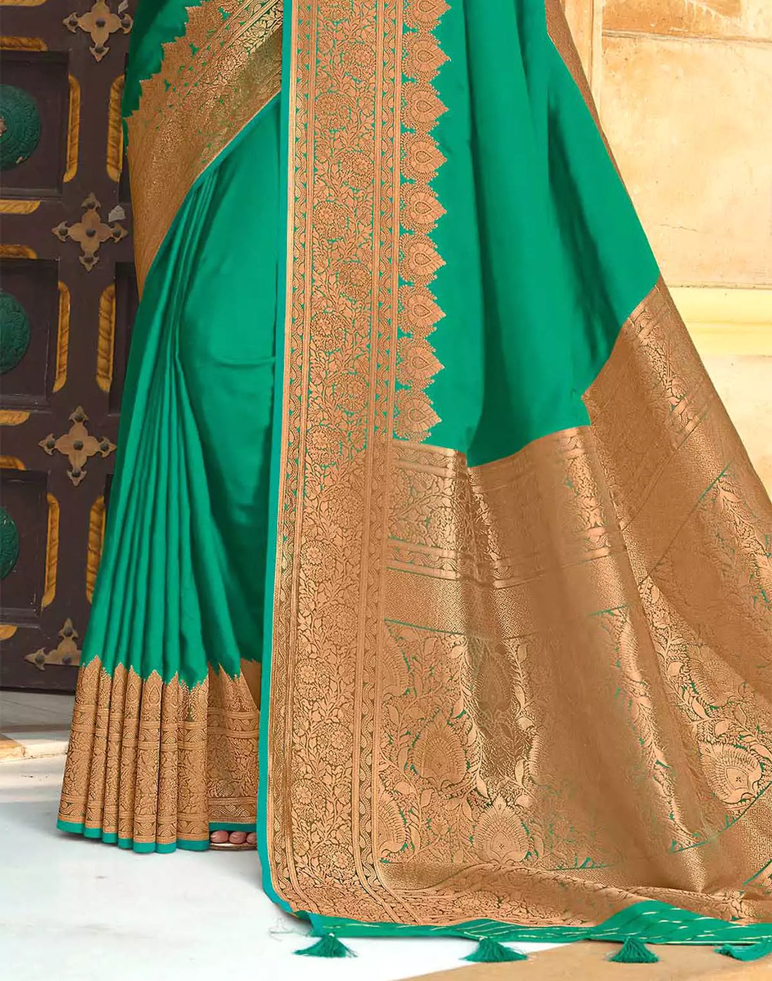 Sea Green Satin Silk Saree with Golden Heavy Border