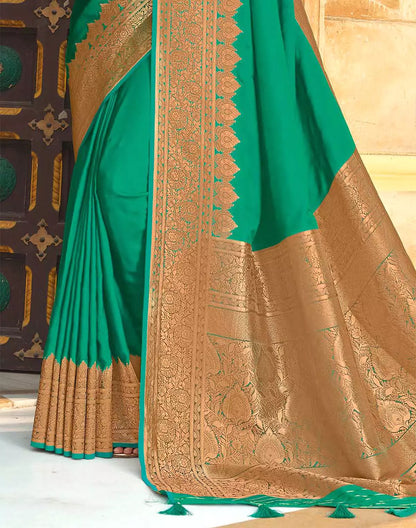 Sea Green Satin Silk Saree with Golden Heavy Border