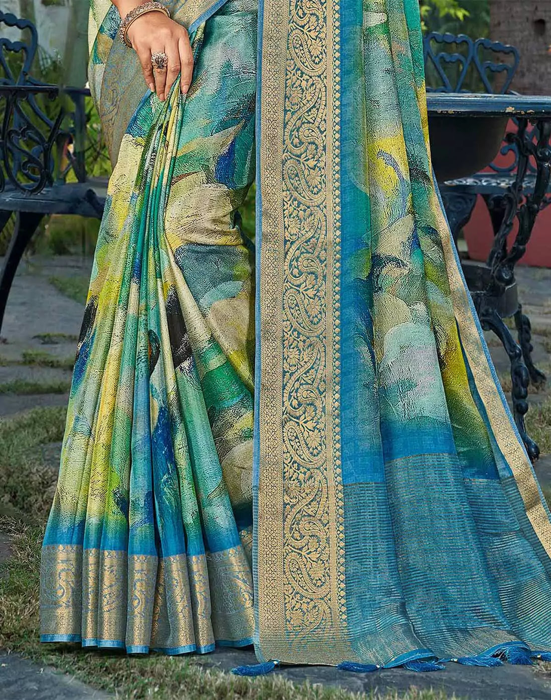 Teal Blue Graphic Print Party Wear Dola Silk Saree
