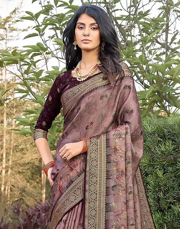 Light Pink Floral Print Dola Silk Saree