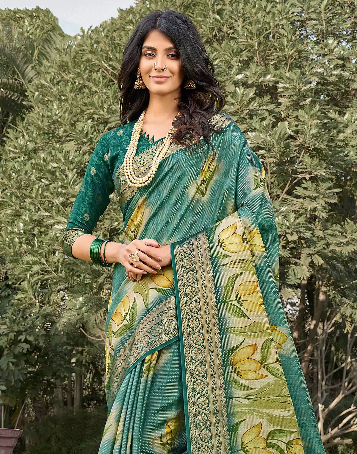 Rama Green Floral Digital Print Soft Dola Silk Saree