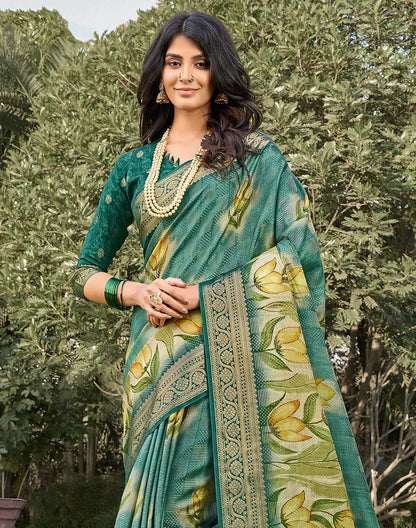 Rama Green Floral Digital Print Soft Dola Silk Saree