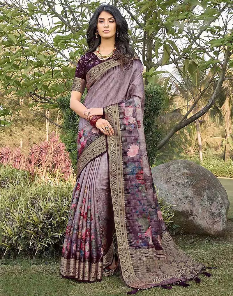 Light Purple Floral Motifs Dola Silk Classic Saree