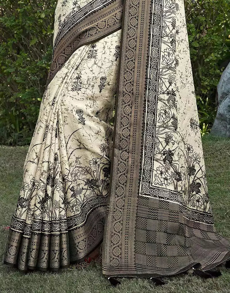 Off White Floral bunches Soft Dola Silk Saree