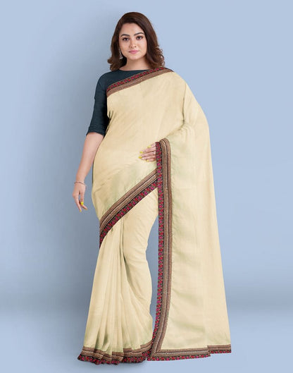 Cream Plain Satin Saree