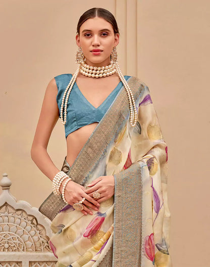 Cream Graphic Print Art Silk Saree with Copper Zari Border