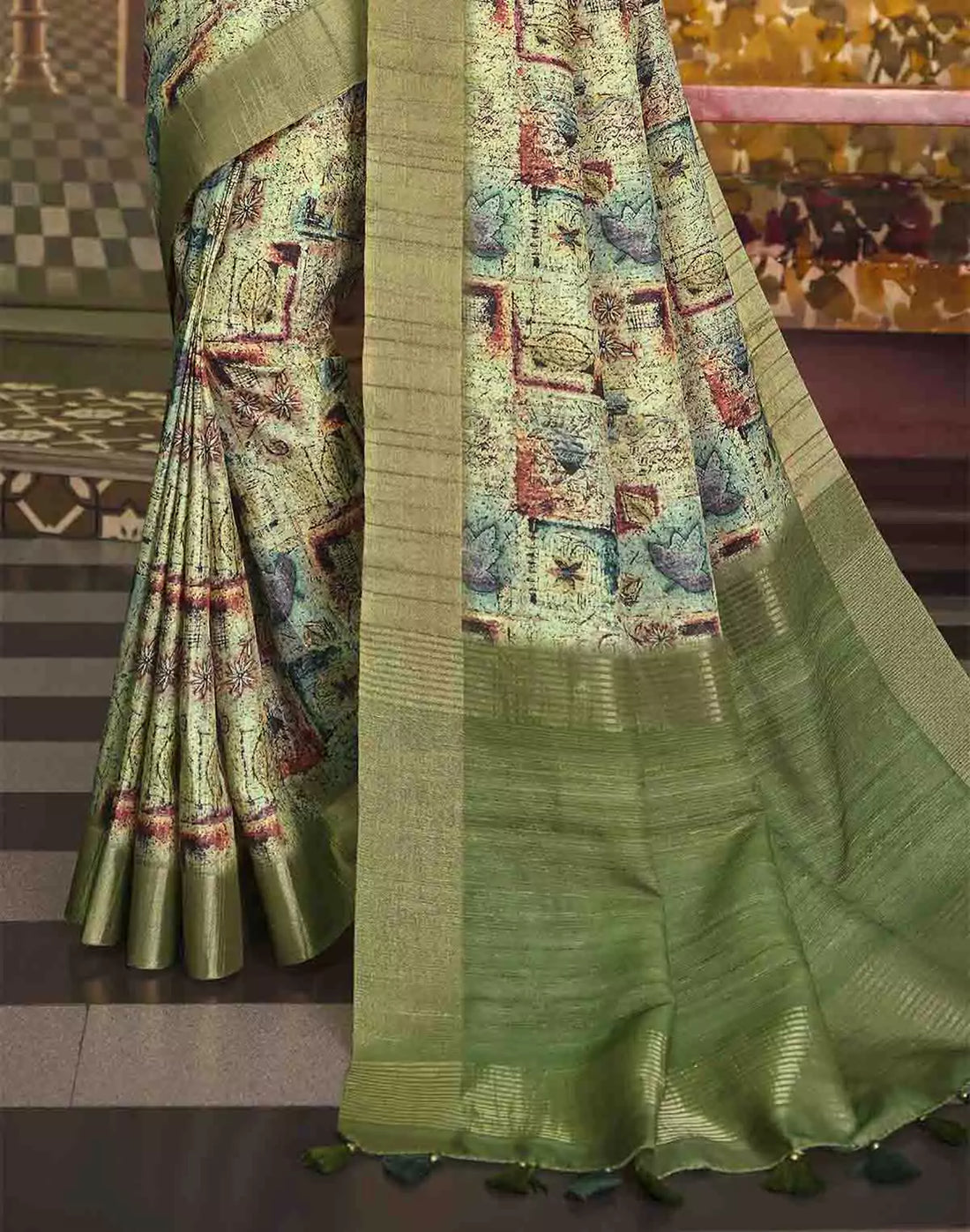 Olive Green Tussar Silk Graphic Pint Saree