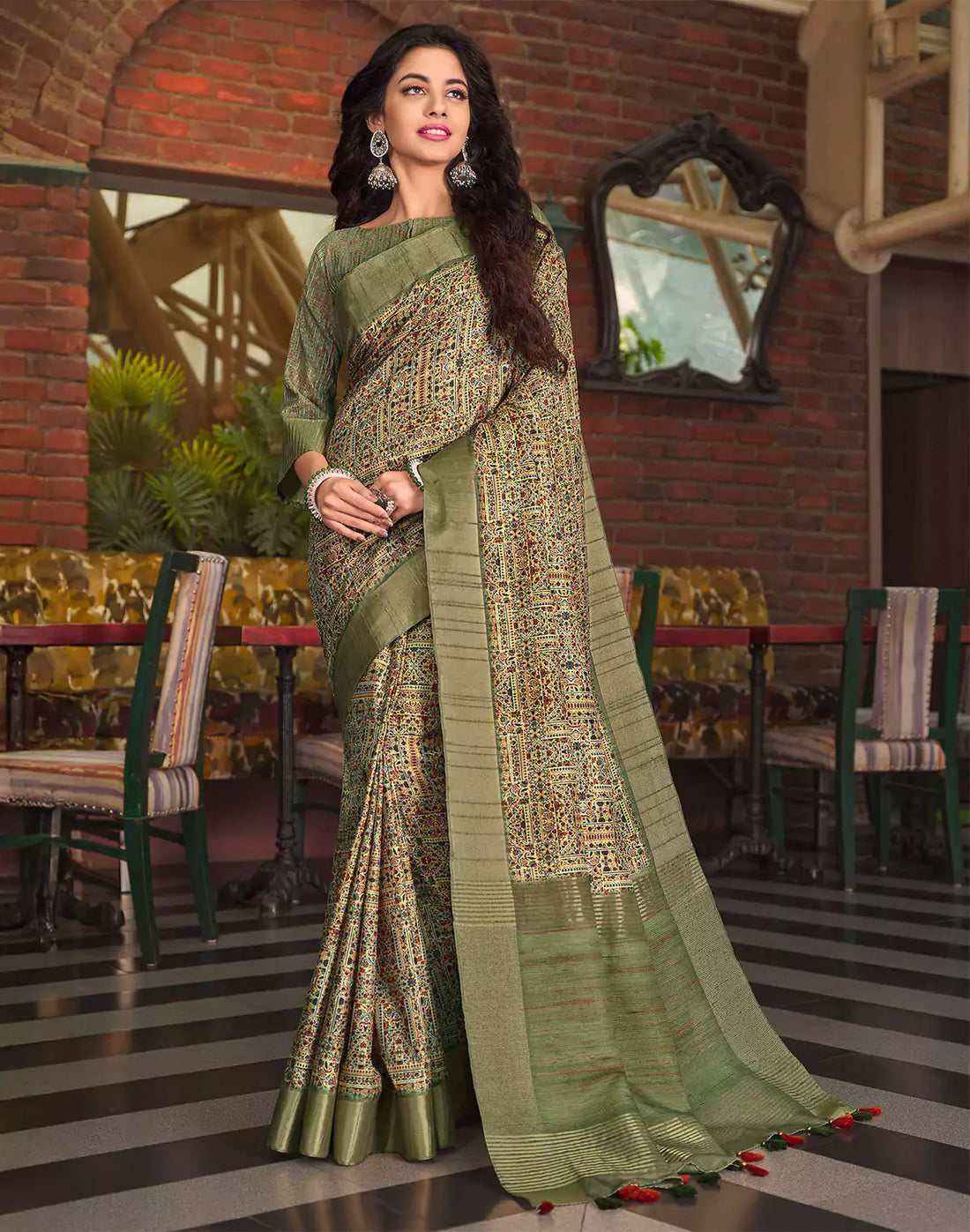 Light Green All Over Digital Print Tussar Silk Saree