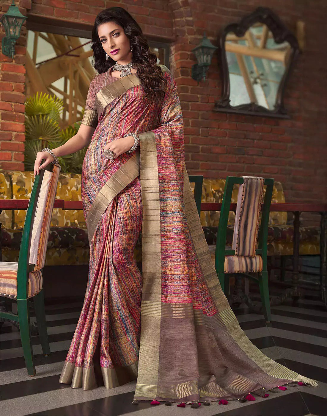 Graphic Printed Tussar Silk Saree in Multi Color