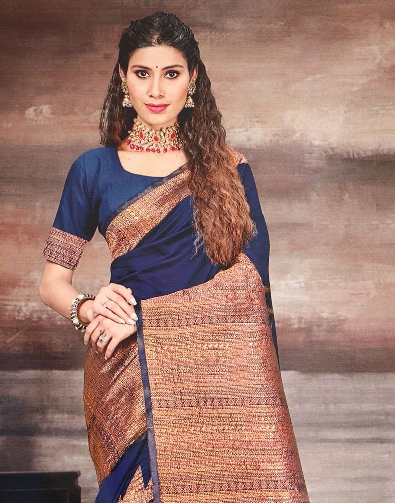 Navy Blue Plain Thread work Art Silk Saree