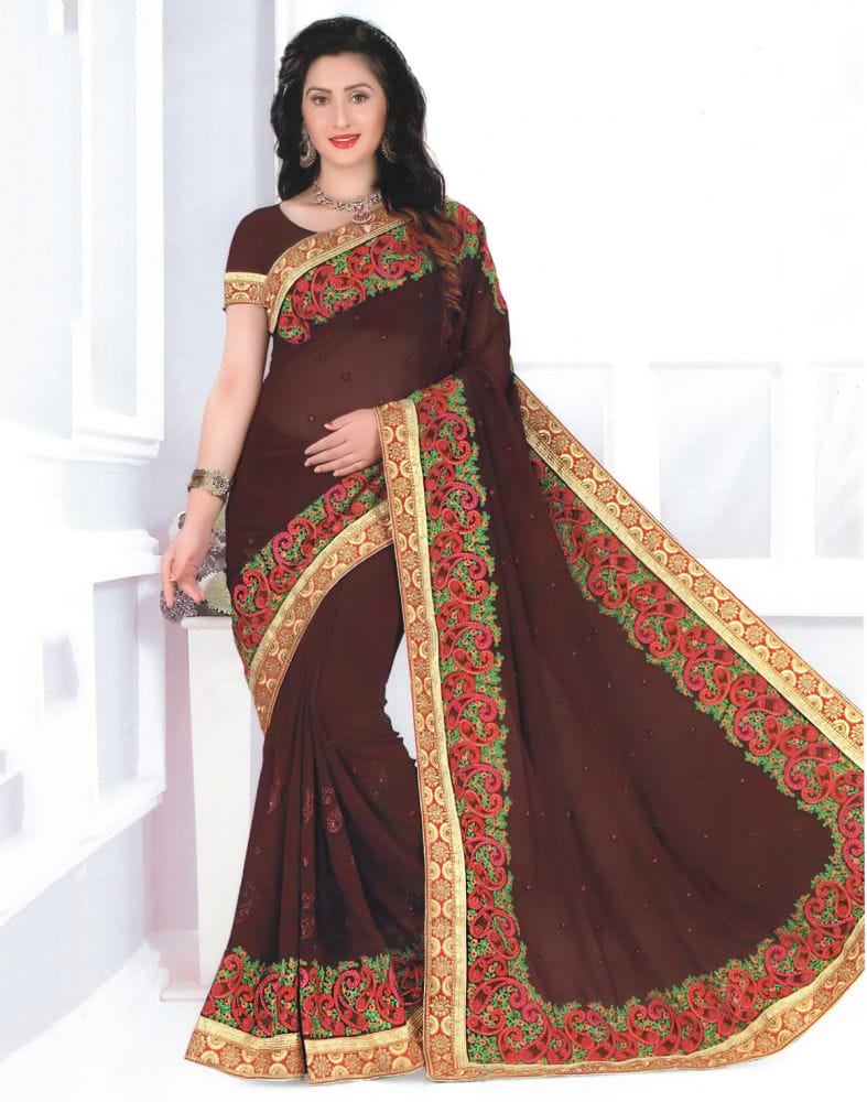 Brown Paisley Georgette Embroidery Saree