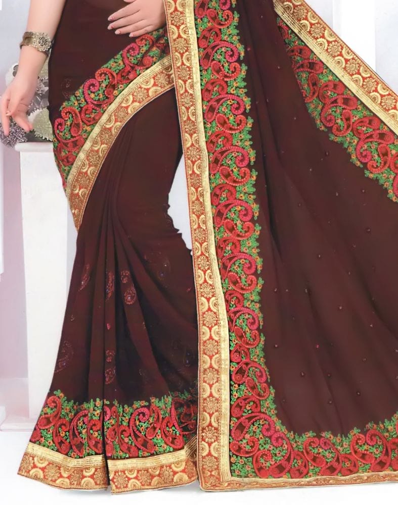 Brown Paisley Georgette Embroidery Saree