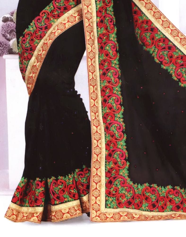 Black Paisley Georgette Embroidery Saree