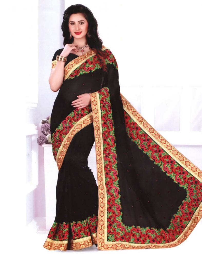 Black Paisley Georgette Embroidery Saree