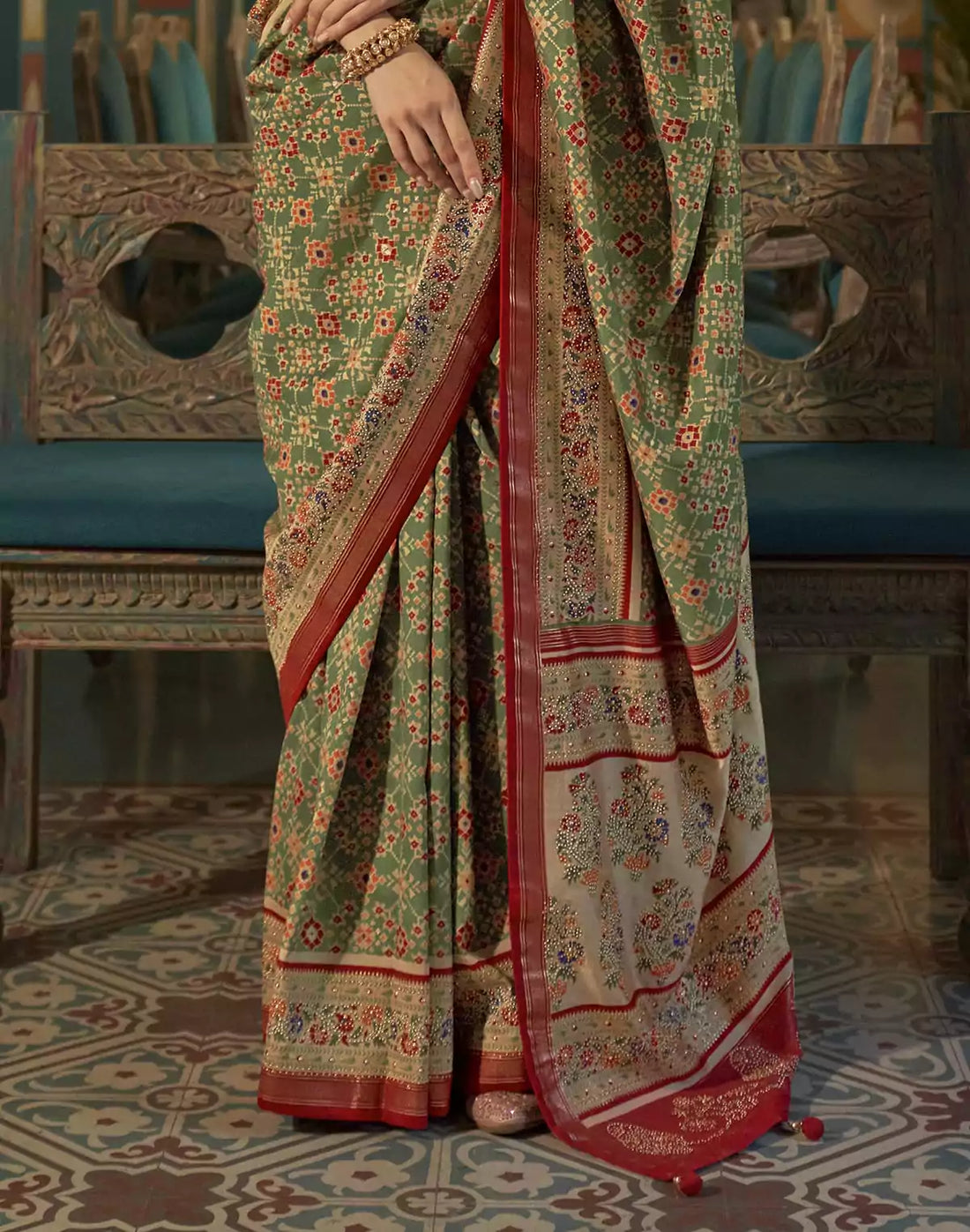 Green and Maroon Ikat Print Patola Saree