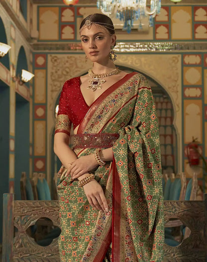 Green and Maroon Ikat Print Patola Saree
