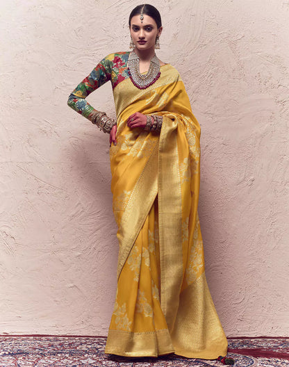 Mustard Banarasi Pure Crepe Dola Silk Designer Saree