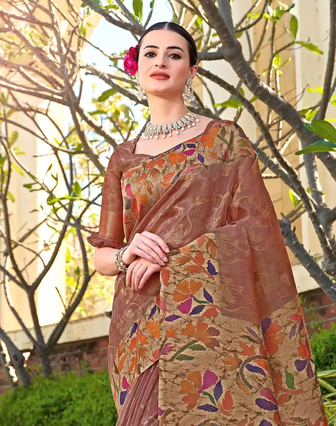 Tissue digital print Light Orange Saree