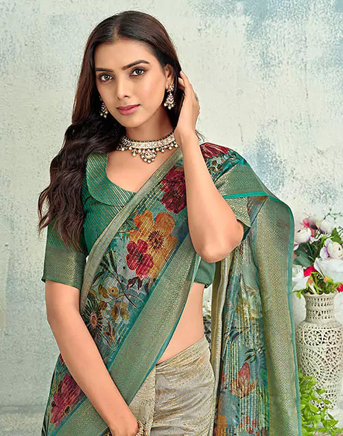 Light Beige Floral Digital Print Tissue Saree