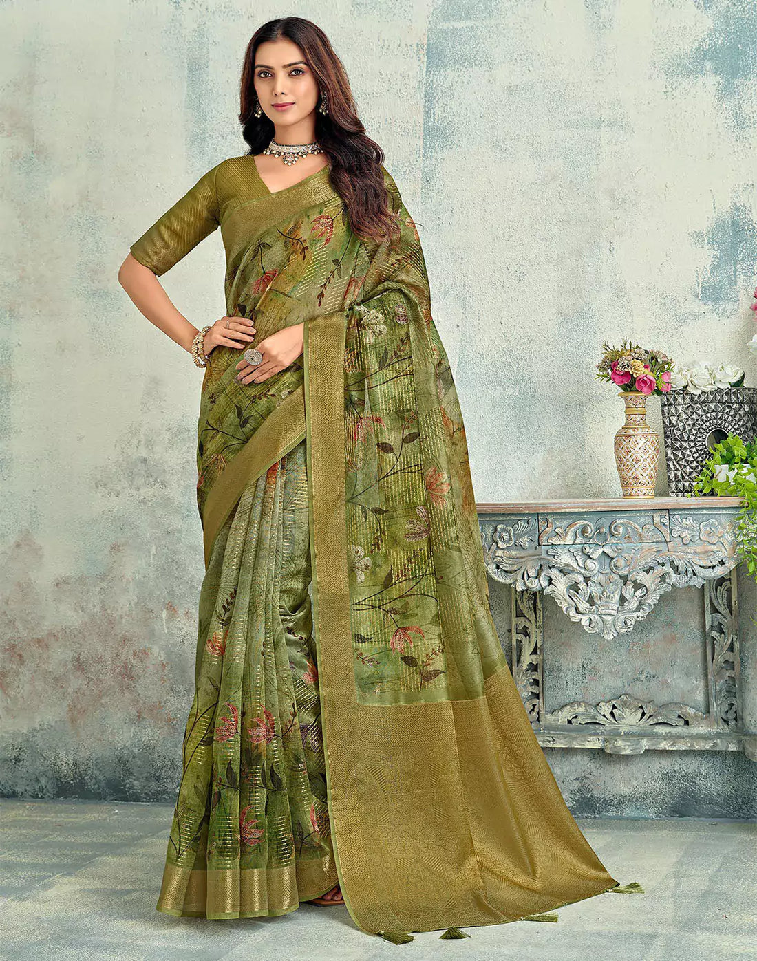 Mehendi Green Tissue Floral Digital Print Saree With Tussels