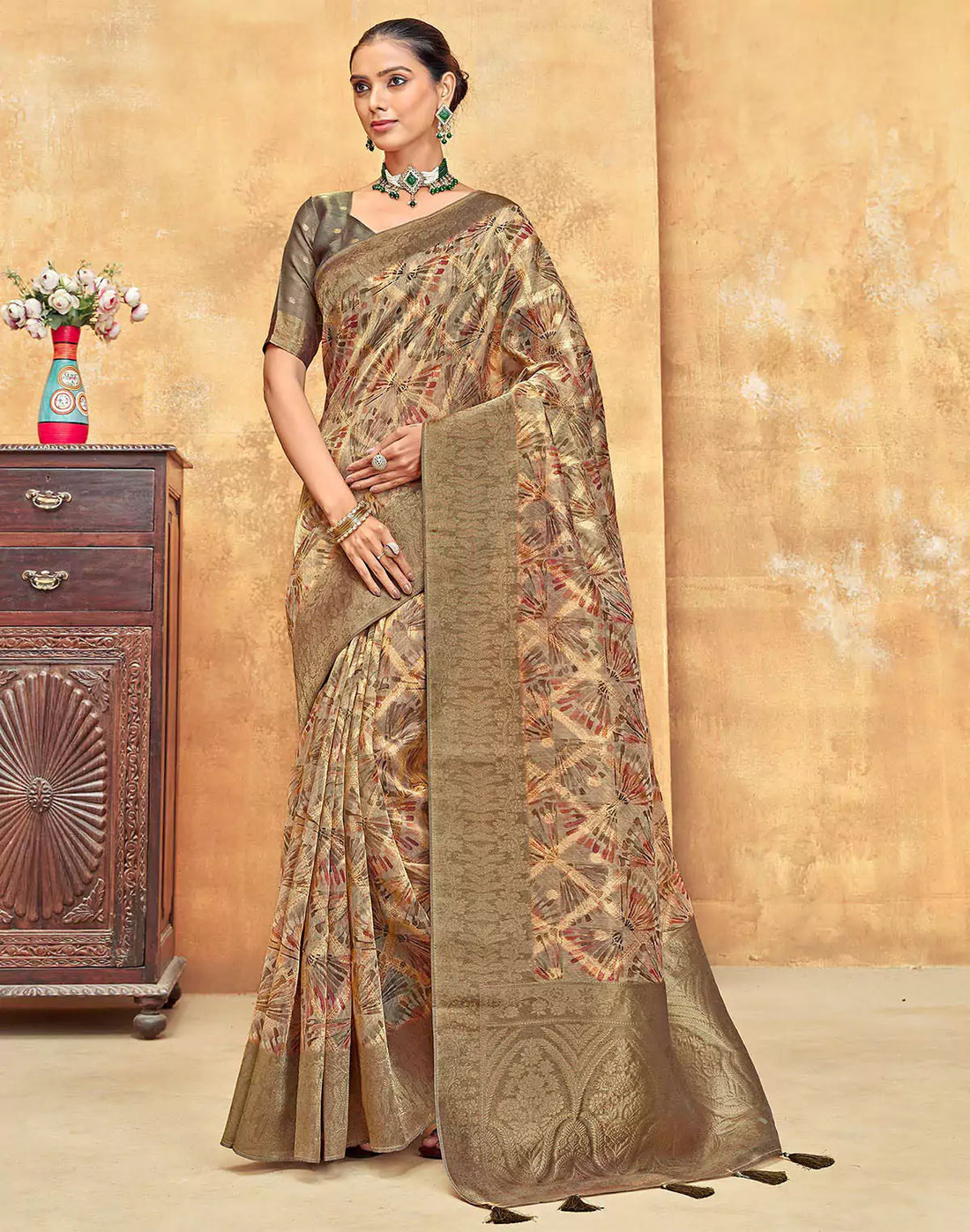 Beige Graphic Design Organza Saree With Tussels