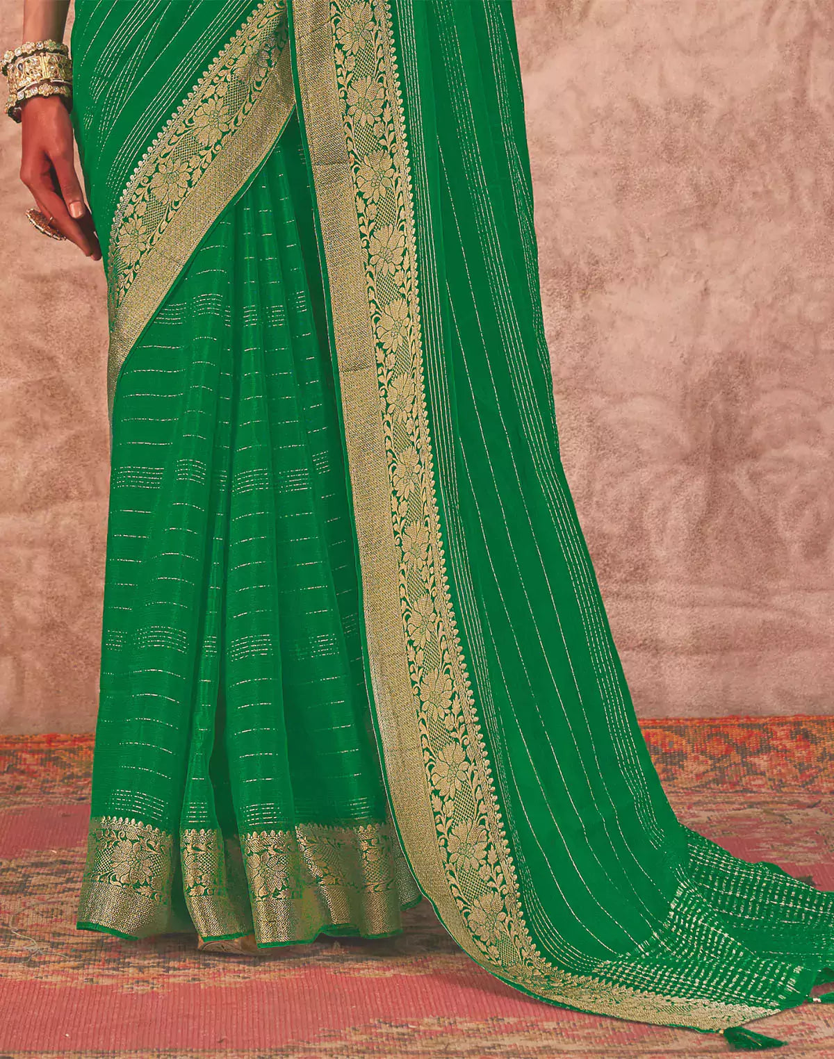 Green and Navy Blue Chiffon Saree and Embroidery Blouse