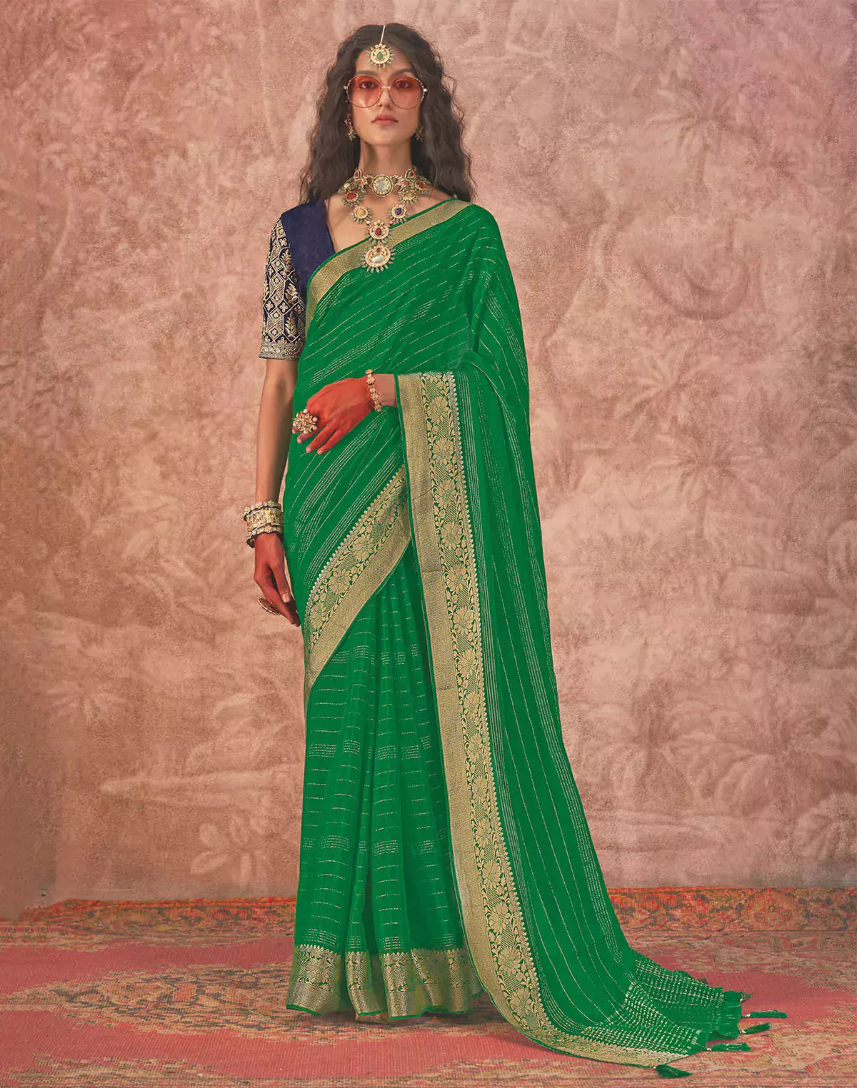 Green and Navy Blue Chiffon Saree and Embroidery Blouse
