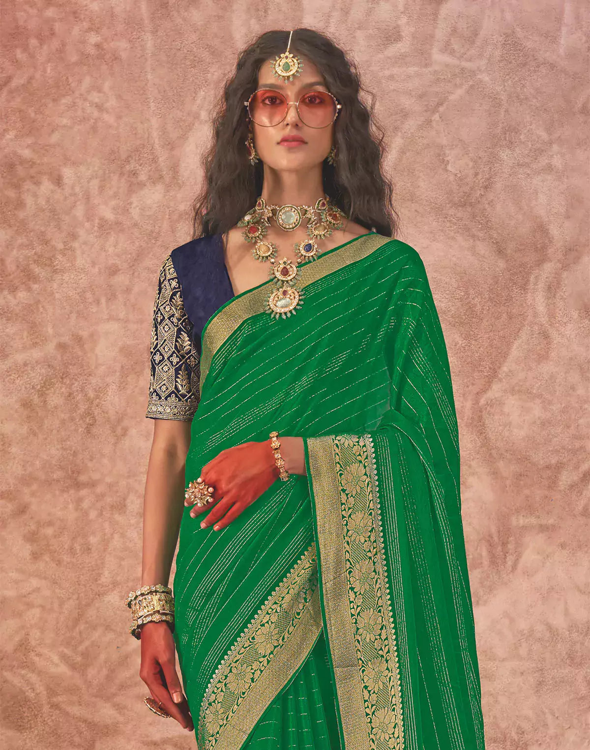 Green and Navy Blue Chiffon Saree and Embroidery Blouse