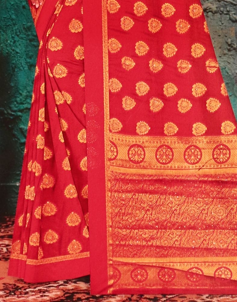 Red Botanical Stones Work Banaras Fancy Saree