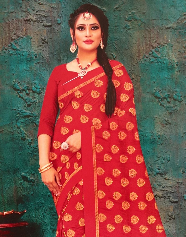 Red Botanical Stones Work Banaras Fancy Saree