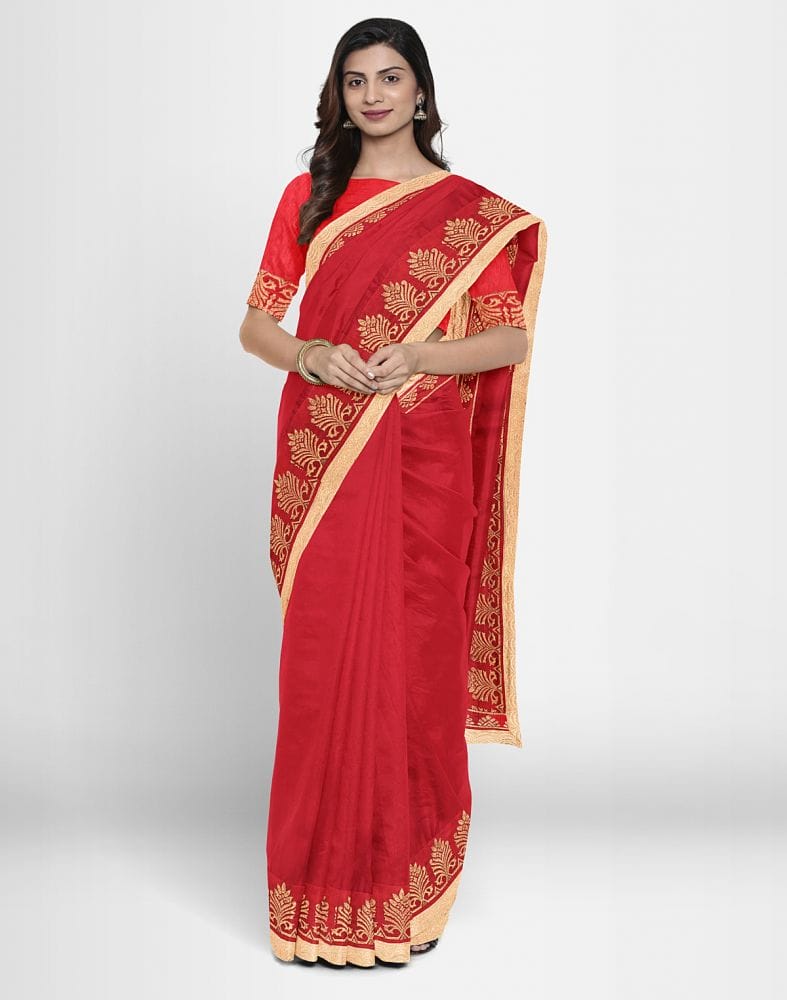 Red Coloured Plain Crape Saree